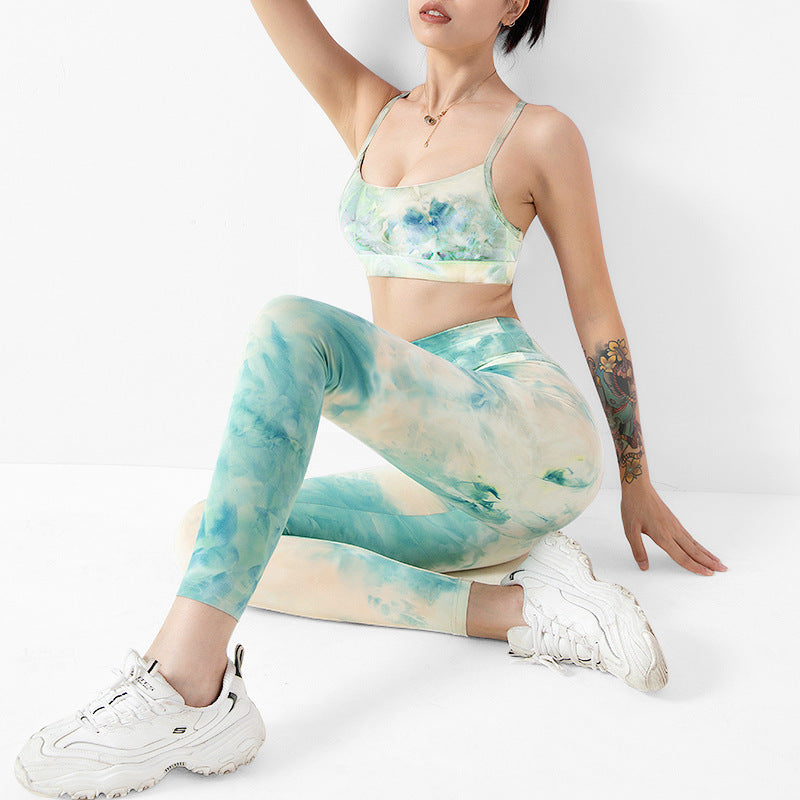 Fashionable Tie Dye Navel Bare Tight Yoga Set