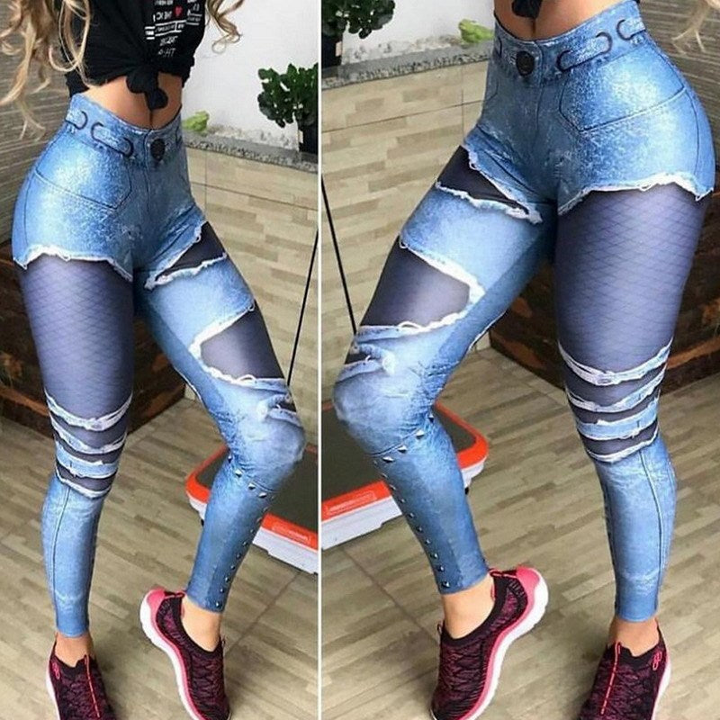 Butt Lift Denim Print Sports Yoga Leggings Women's